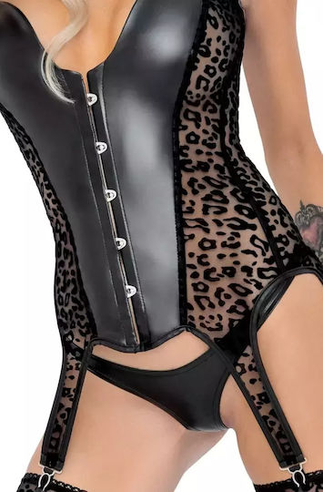 Black Sexy Leopard Print Corset 6 Suspender Straps Black L