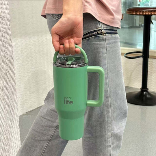 Ecolife Рециклируем Чаша с дръжка Термос Неръждаема стомана Без BPA 900мл Green Tea с Сламка и Дръжка