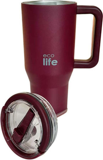 Ecolife Recyclable Handled Tumbler Thermos Stainless Steel BPA Free 900ml Lid Cranberry with Straw and Handle