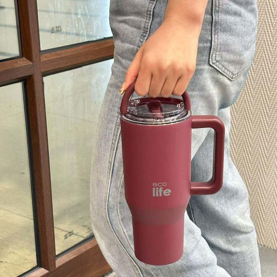 Ecolife Recyclable Handled Tumbler Thermos Stainless Steel BPA Free 900ml Lid Cranberry with Straw and Handle