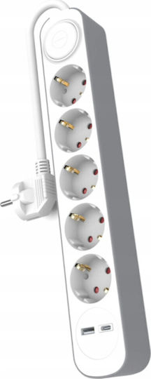 Plastrol Power Strip 5 Positions with 1 USB-A, 1 USB-C, Switch and Cable 3m