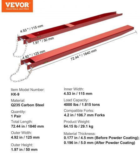 Vevor 72" Fork Extensions Durable Steel 1 Pair Red Jzhctcxs72ins02aqv0