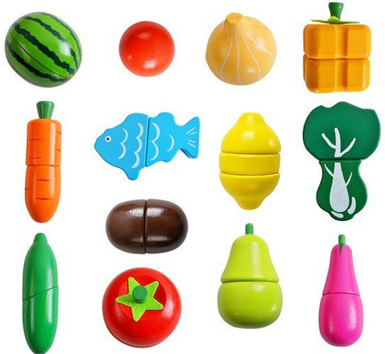 Tocător din lemn pentru fructe și legume Idealstore Dimensiuni 23 X 26 X 6 cm Echipat cu diverse legume și fructe Tocător cuțite culori vibrante prindere magnetică dezvoltă imaginația copilului