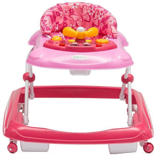 Interactive Walker Idl First Step Foldable Babies Musical Panel Adjustable Height Lockable Rear Wheels Anti-fall Safety System Child Pink Color