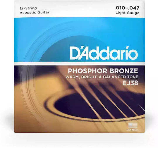 Daddario Acoustic Set of Phosphor Bronze Guitar Strings 10 - 47 Light / 12-String