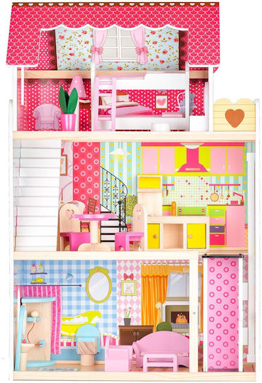 Casă de Păpuși din Lemn cu Lift Idealstore Malibu Residence Dimensiuni Păpuși 90 X 59 X 33 Cm 3 Niveluri Independente Un Total de 5 Camere Include 16 Piese de Mobilier 2 Păpuși Totul Într-un Decor de Basm