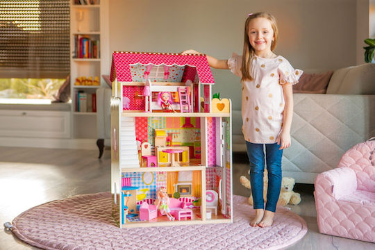 Casă de Păpuși din Lemn cu Lift Idealstore Malibu Residence Dimensiuni Păpuși 90 X 59 X 33 Cm 3 Niveluri Independente Un Total de 5 Camere Include 16 Piese de Mobilier 2 Păpuși Totul Într-un Decor de Basm