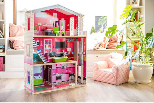Casă de păpuși din lemn cu lift Idealstore Reședință Aurie Moale Dimensiuni 114 X 32 X 87 Cm 3 Niveluri Componente 4 Camere Design Unic 10 Piese de Mobilier Exclusive Imitând un Spațiu de Joacă Perfect