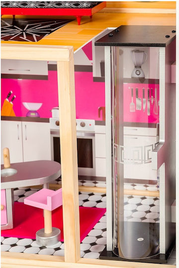 Casă de păpuși din lemn cu lift Idealstore Reședință Aurie Moale Dimensiuni 114 X 32 X 87 Cm 3 Niveluri Componente 4 Camere Design Unic 10 Piese de Mobilier Exclusive Imitând un Spațiu de Joacă Perfect