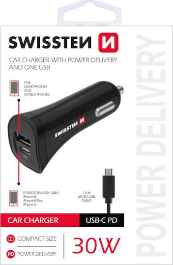 Swissten Încărcător Auto 2.4A cu Porturi: 1xUSB 1xType-C