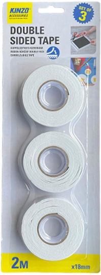 Kinzo Αυτοκόλλητη Ταινία Διπλής Όψης Λευκή 2mx18mm 3τμχ