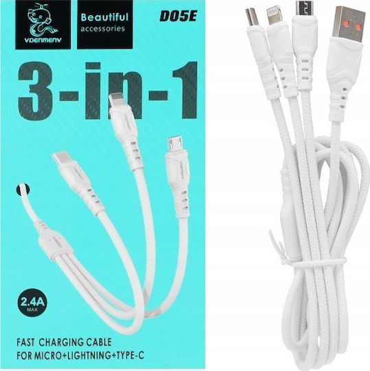 Denmen Denmen D05E Braided USB to Lightning / Type-C / micro USB Cable 2.4A Λευκό 1m