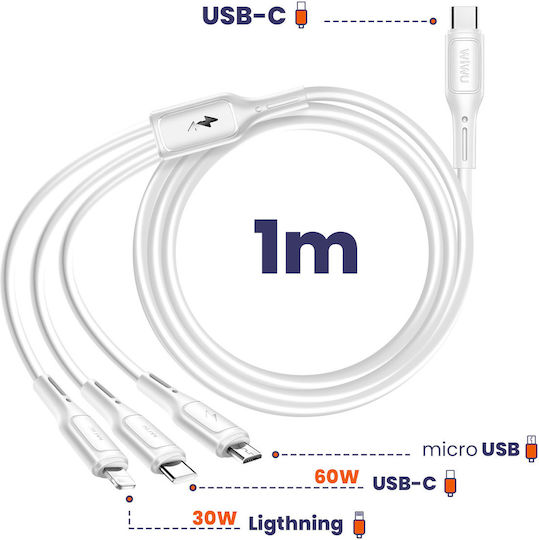 Wiwu Data Regular USB to micro USB / Lightning Cable Λευκό 1m
