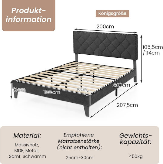 Bett King Size Mit Stoff bezogen Gray für Matratze 200x200cm