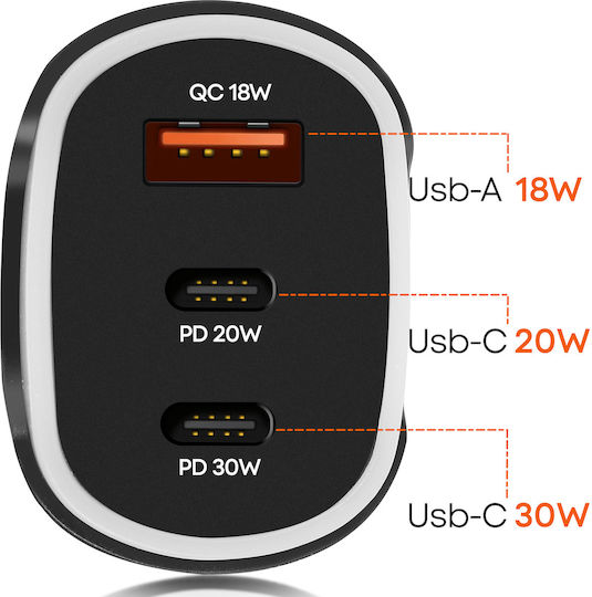 Linq Зарядно за Запалка за Кола 50W Двоен USB-C + USB Бързо Зареждане Компактно Черно
