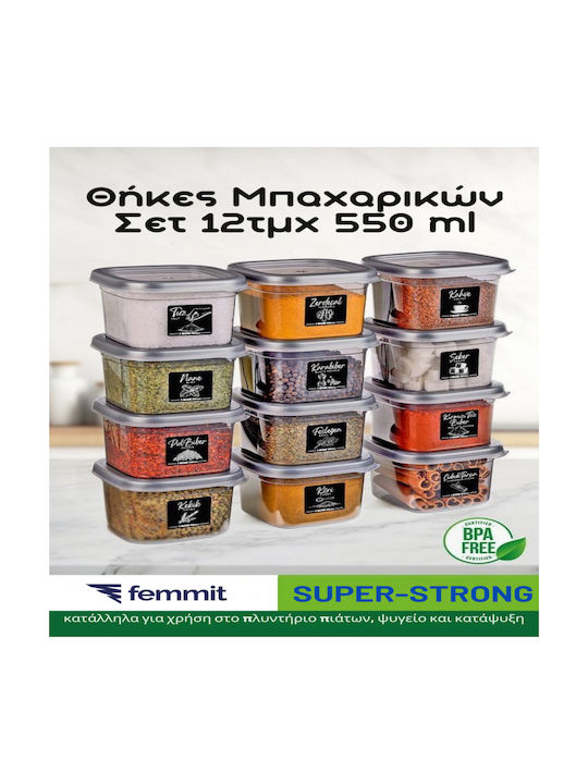 Femmit Spice Jar Set 12 Pieces 550 ml Airtight Lid Plastic