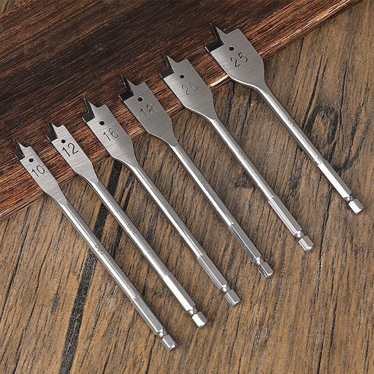Deli Set Spade Drill Bits Dh-mbz006-ed1 Wood Carbon Steel 10 12 16 18 20 25mm Hexagon 6 Pieces Dh-mbz006-ed1