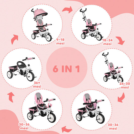 HomCom Convertible Kids Tricycle with Parental Handle 6 in 1 for 1-5 Years Pink