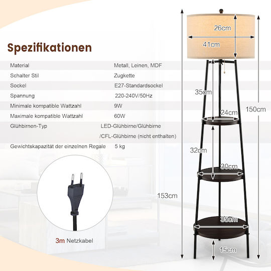 Costway Floor Lamp H153xW41cm. with Socket for Bulb E27 Black