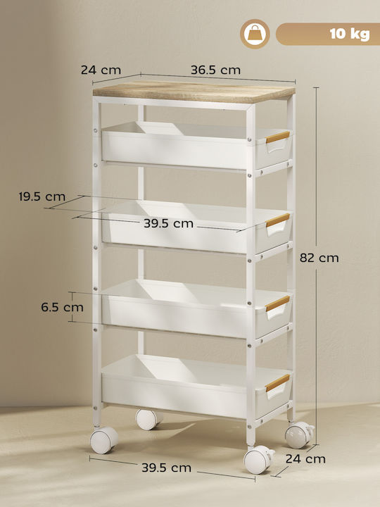 HomCom Metallic Kitchen Trolley 4 Tiers White 39.5x24x82cm