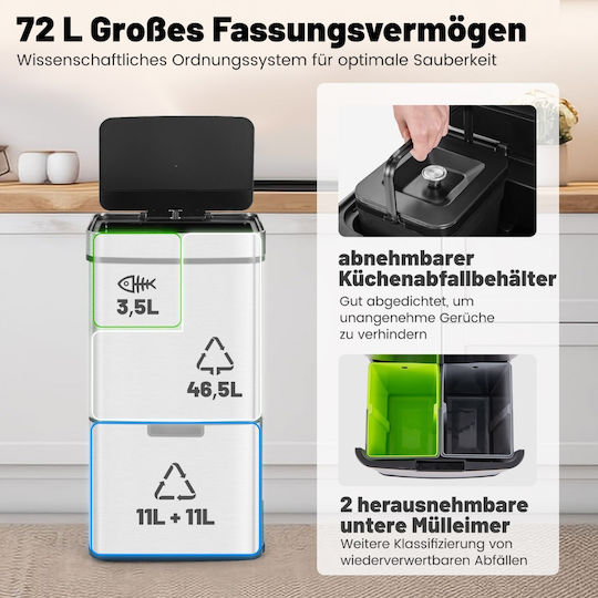 Costway Recycling Waste Bin Made of Inox Steel with Sensor 72L Silver