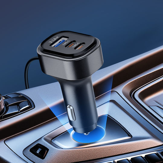 Avizar Автомобилно Зарядно Устройство 22.5w 3 Usb-c + 3 Usb Удължителен Кабел 1.5m Черен