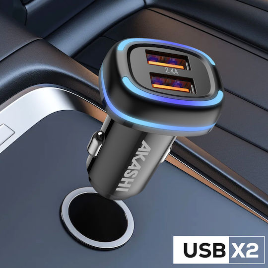 Akashi Încărcător Auto Dual USB 2.4A Încărcare Rapidă LED Strălucitor Negru