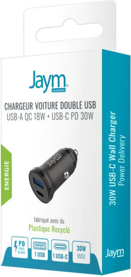 Jaym 30W USB-A QC USB-C PD Schnelles Auto-Ladegerät Schwarz