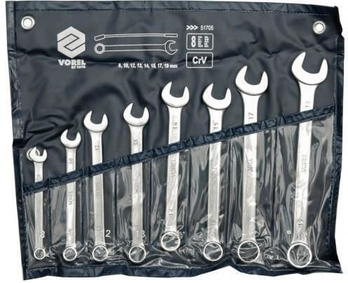 Vorel Flat Ring Wrench Set 8pcs 8-19mm Chrome Satin Finish In Case 51705