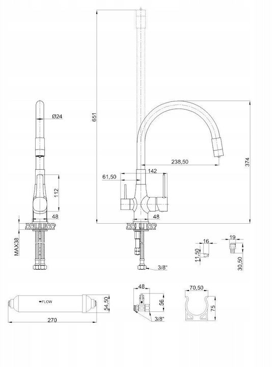 Hydroland Μπαταρία Κουζίνας Πάγκου Ασημί
