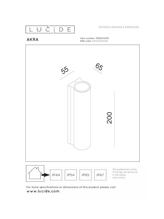 Lucide Lightning Akra Επιτοίχιο Εξωτερικό Φωτιστικό LED IP54 13W με Θερμό Λευκό Φως 6εκ.