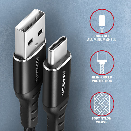 Axagon Braided USB 2.0 Cable USB-C male - USB-A Μαύρο 2m BUCM-AM20AB