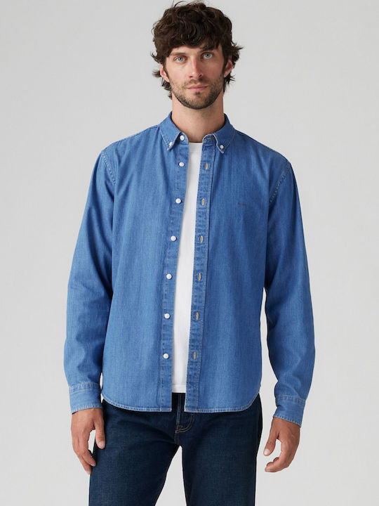 Authentic Buttondown Long-sleeved Denim Shirt in Wide Line Blue