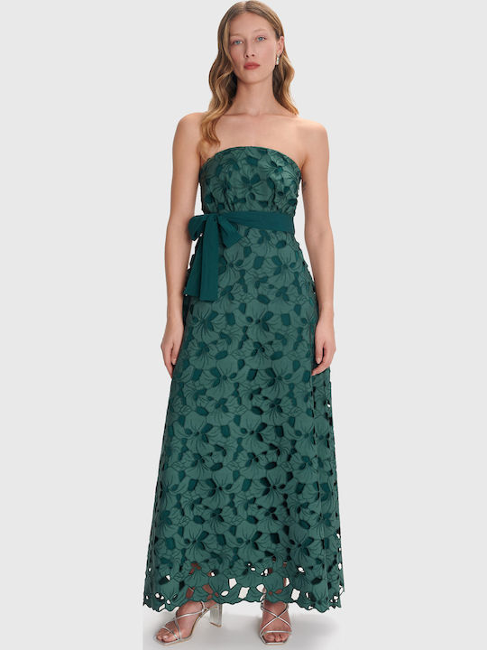 Summer Maxi Dress for Wedding Christening Strapless with Lace Green