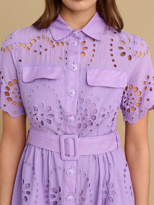Summer Mini Evening Shirt Dress with Lace Purple