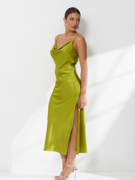 Sommer Maxi Abend Damenkleid Slip Dress Satin Drapierung Grün