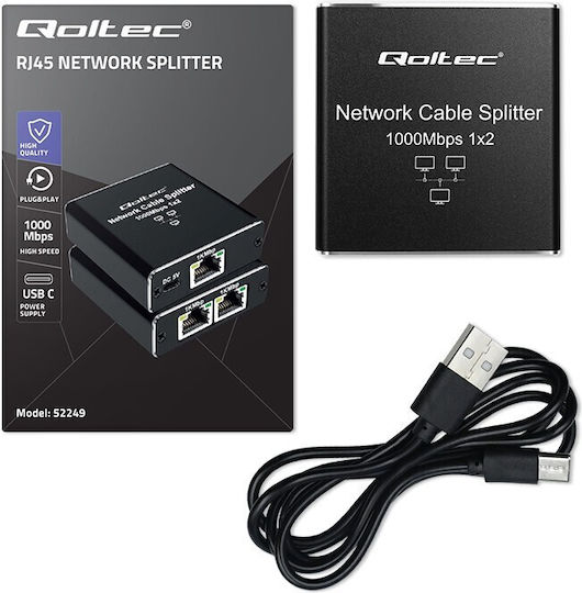 Разпределител Qoltec Сплитер Мини Суич 1x2 Порт RJ45 1000Mbps USB-C Алуминий