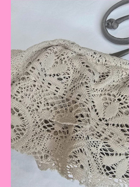 Off Shoulder Bikini Top with Ruffles with Detachable Straps Beige