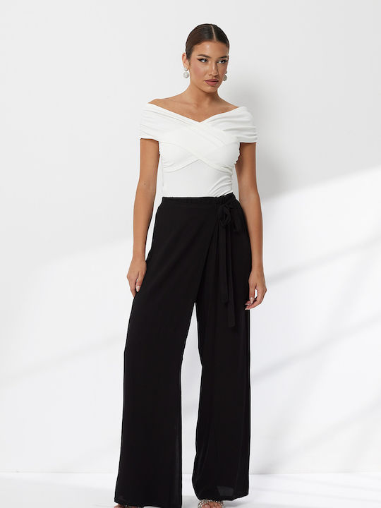 Women's Fabric Trousers with Rubber Band in Loose Fit Black