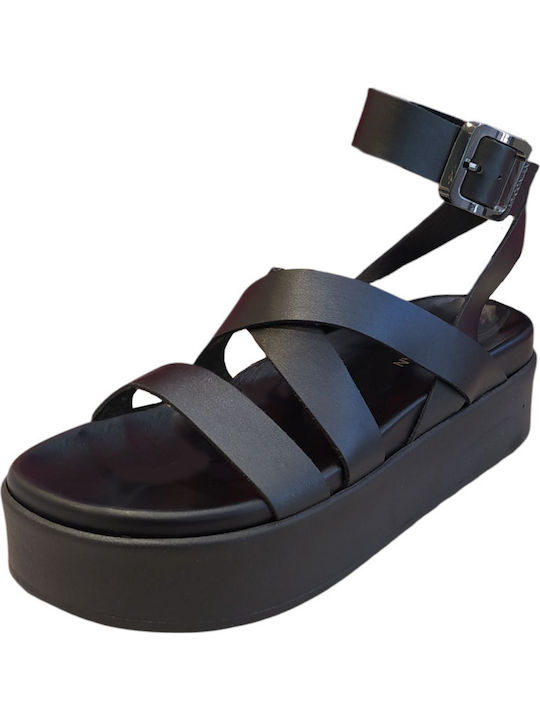 Leather Women's Flat Sandals in Black Color