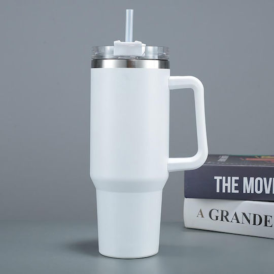 Uncle George Handled Tumbler Θερμός Ανοξείδωτο / Αλουμίνιο BPA Free 1.2lt Καλαμάκι Λαβή Άσπρο με Καλαμάκι και Λαβή