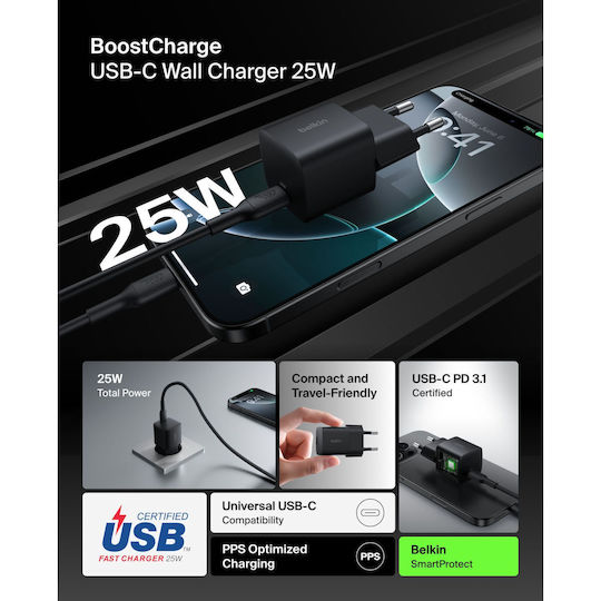 Belkin Mobile Phone Charger Without Cable with USB-C Port and USB-C Cable 25W Power Delivery Black