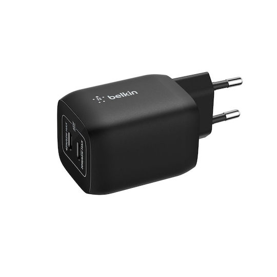 Belkin Φορτιστής Χωρίς Καλώδιο GaN με 2 Θύρες USB-C 65W Μαύρος (ENA007kqBK)