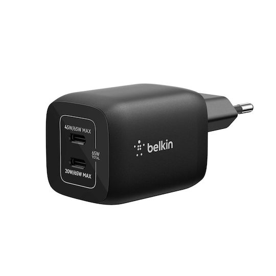 Belkin Φορτιστής Χωρίς Καλώδιο GaN με 2 Θύρες USB-C 65W Μαύρος (ENA007kqBK)
