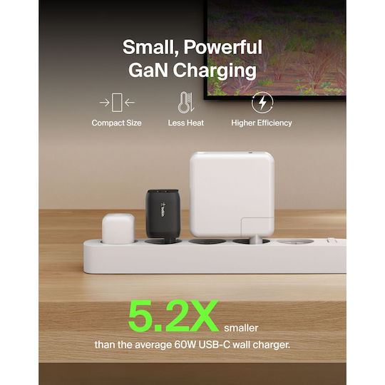 Belkin Φορτιστής Χωρίς Καλώδιο GaN με 2 Θύρες USB-C 65W Μαύρος (ENA007kqBK)