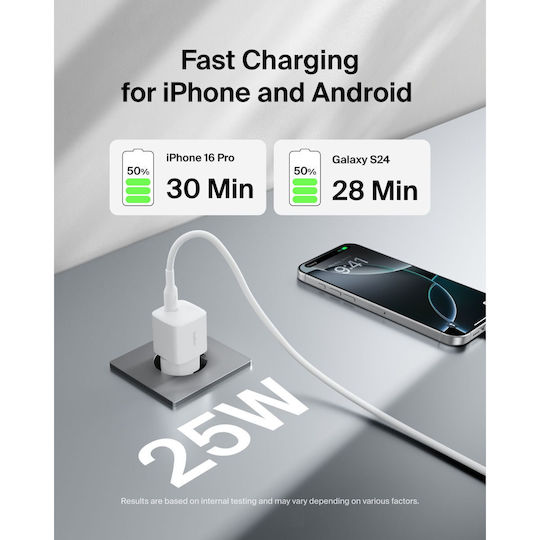 Belkin Φορτιστής με Θύρα USB-C και Καλώδιο USB-C - USB-C 25W Power Delivery Λευκός (BOOST Charge)