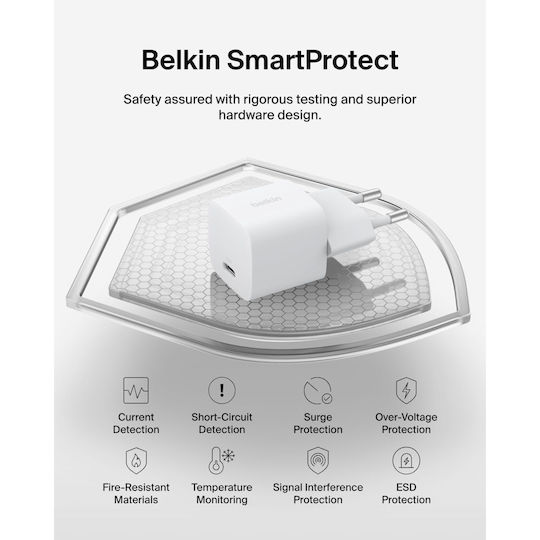 Belkin Φορτιστής με Θύρα USB-C και Καλώδιο USB-C - USB-C 25W Power Delivery Λευκός (BOOST Charge)
