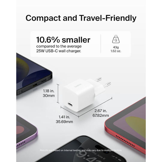 Belkin Φορτιστής με Θύρα USB-C και Καλώδιο USB-C - USB-C 25W Power Delivery Λευκός (BOOST Charge)