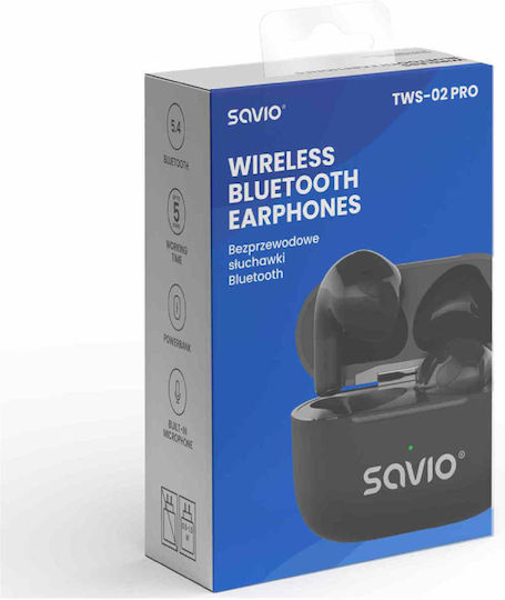 Savio TWS-02 PRO In-ear Bluetooth Handsfree Ακουστικά με Θήκη Φόρτισης Μαύρα