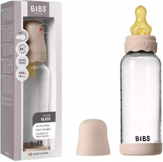 Bibs Γυάλινο Μπιμπερό Κατά των Κολικών με Θηλή Καουτσούκ για 3+ μηνών Ροζ 240ml